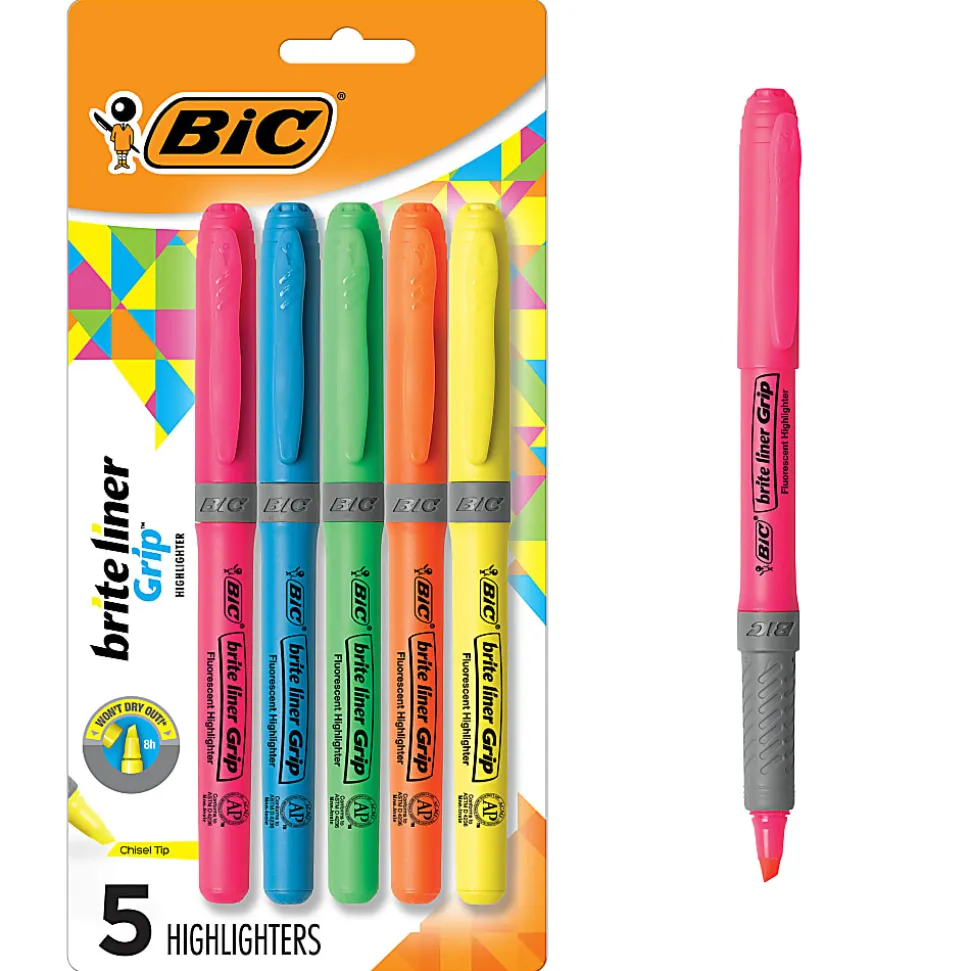 BIC Brite Liner Grip Highlighters, Pocket Style, Chisel Tip, Assorted Colors, Pack Of 5