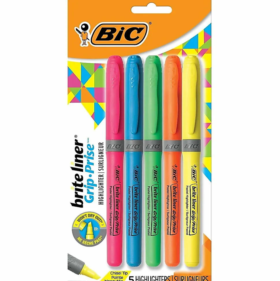 BIC Brite Liner Grip Highlighters, Pocket Style, Chisel Tip, Assorted Colors, Pack Of 5