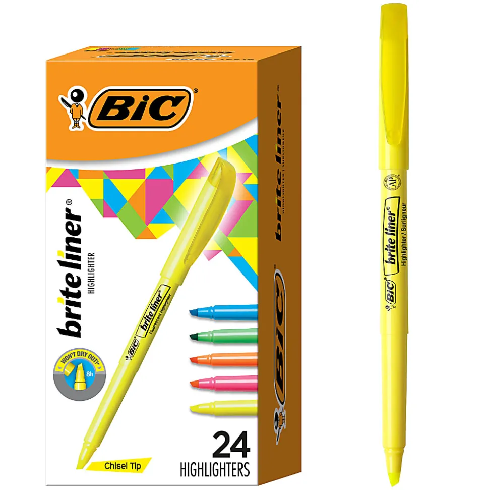 BIC Brite Liner Highlighters Pocket Style, Chisel Tip, Assorted, Box Of 24