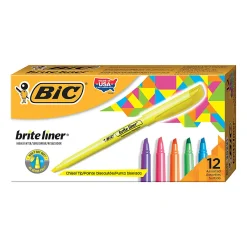 BIC Brite Liner Highlighters, Pocket Style, Chisel Tip, Assorted Colors, Box Of 12