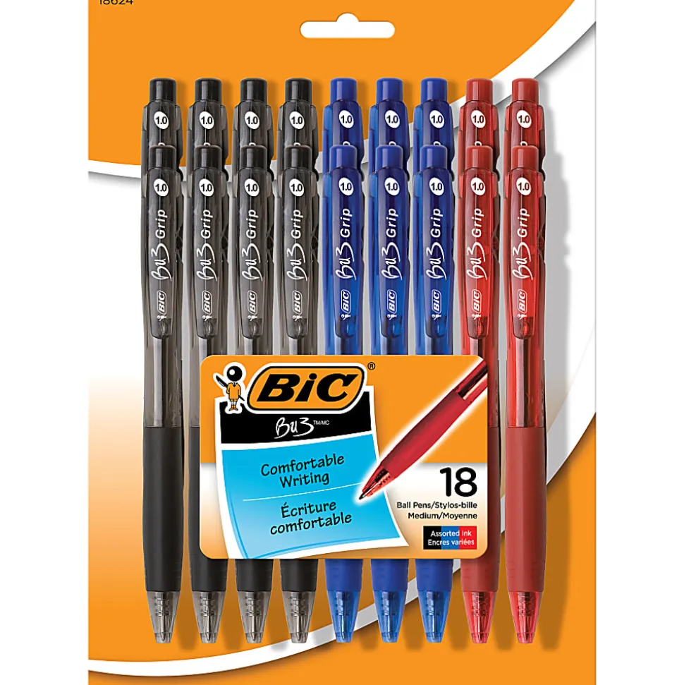 BIC BU3 Grip Retractable Ball Pens, Medium Point, 1.0 mm, Clear Barrel, Assorted Ink Colors, Pack Of 18 Pens
