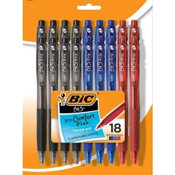 BIC BU3 Grip Retractable Ball Pens, Medium Point, 1.0 mm, Clear Barrel, Assorted Ink Colors, Pack Of 18 Pens