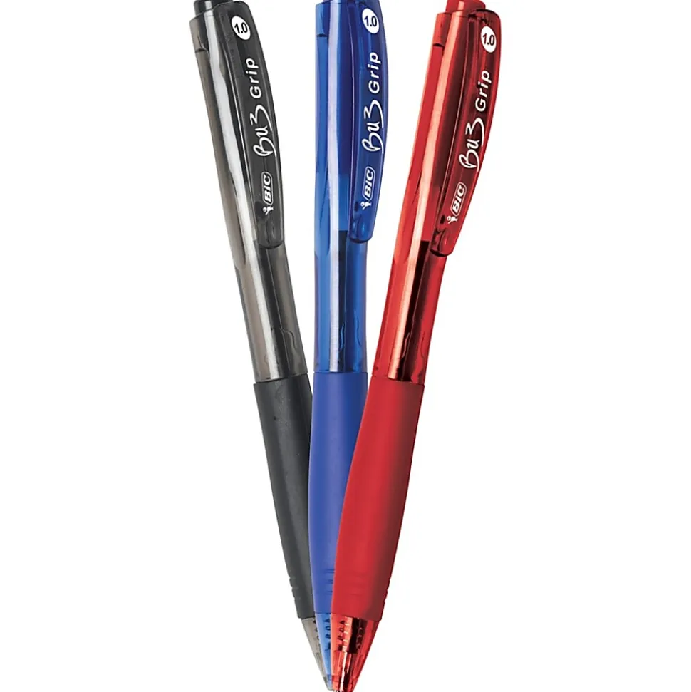 BIC BU3 Grip Retractable Ball Pens, Medium Point, 1.0 mm, Clear Barrel, Assorted Ink Colors, Pack Of 18 Pens
