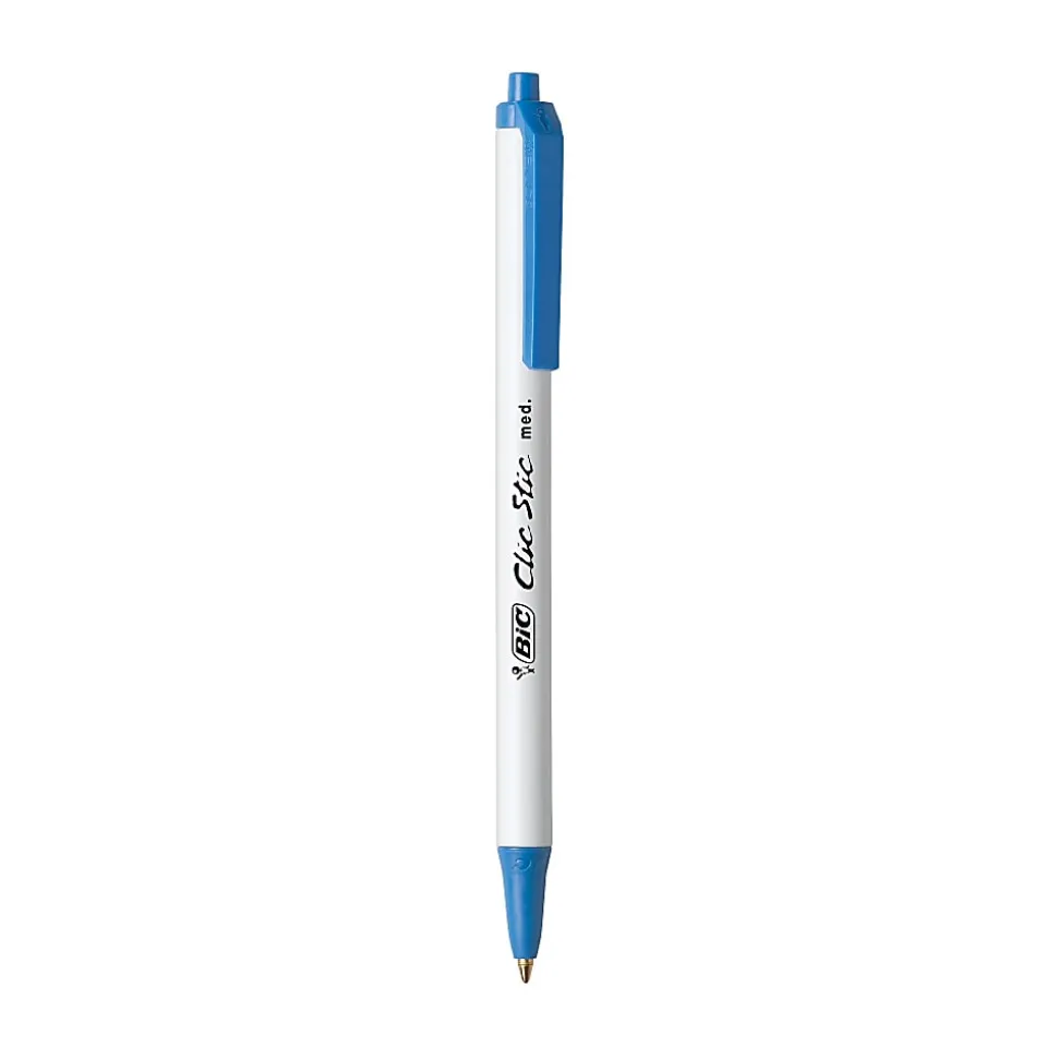 BIC Clic Stic Retractable Ballpoint Pens, Medium Point, 1.0 mm, White Barrel, Blue Ink, Pack Of 12