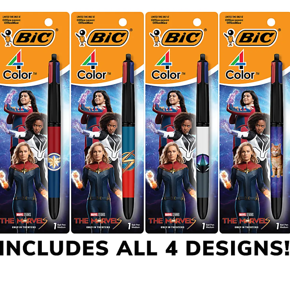 BIC 4 Color Marvel Studios' The Marvels Edition Retractable Ballpoint Pens, Medium Point, 1.0 mm, Black Barrels, Assorted Ink Colors, Pack Of 4 Pens
