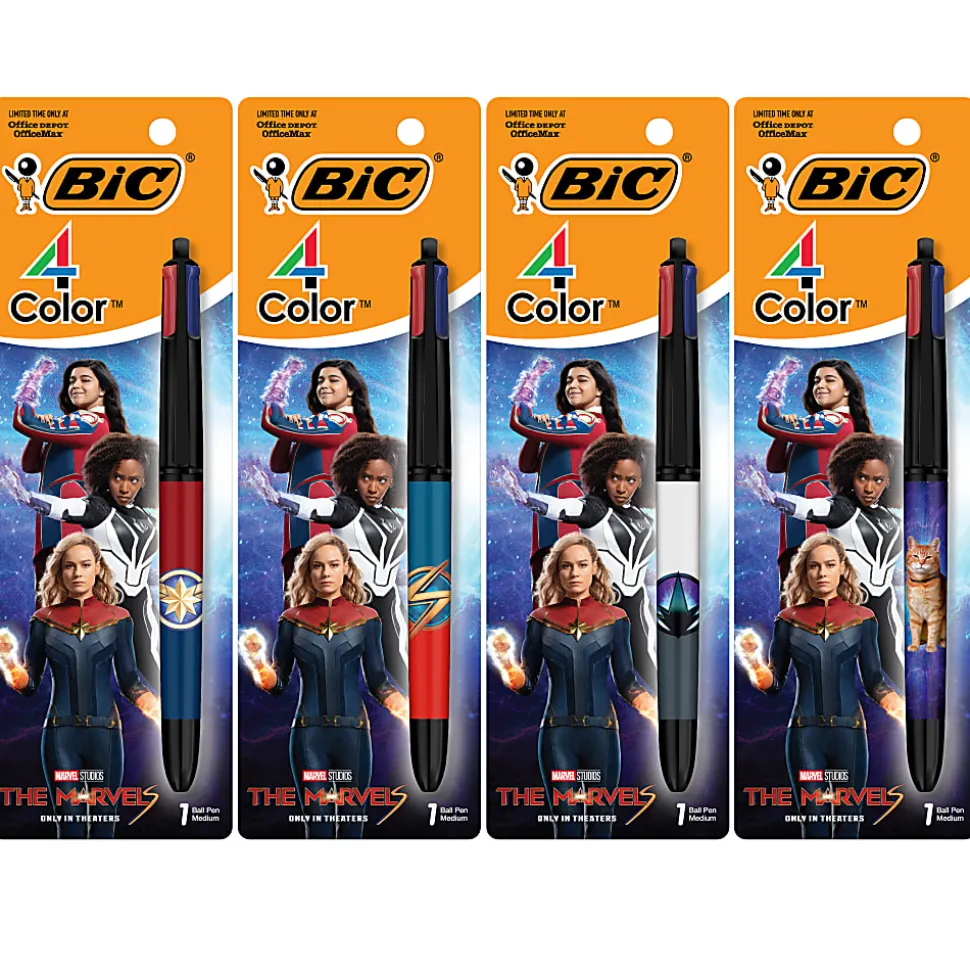BIC 4 Color Marvel Studios' The Marvels Edition Retractable Ballpoint Pens, Medium Point, 1.0 mm, Black Barrels, Assorted Ink Colors, Pack Of 4 Pens
