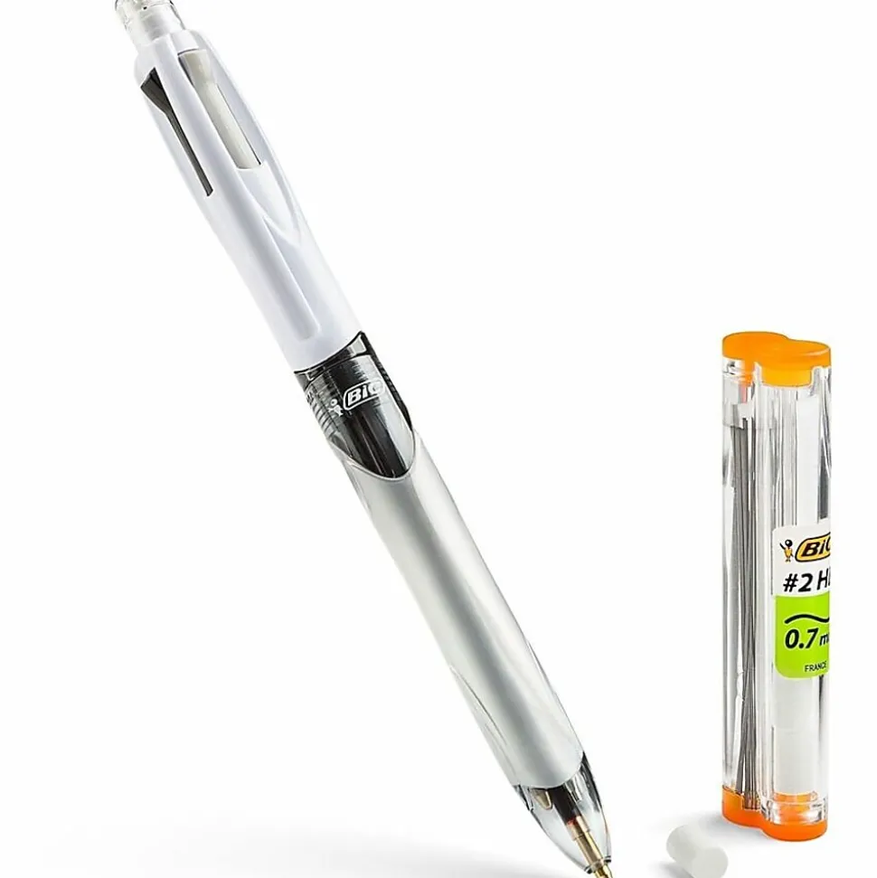 BIC® 4-Color Pen/Pencil, #2HB Pencil Lead, 0.7 mm Medium Point, White/Gray/Black Barrel, Black/Blue/Red Ink