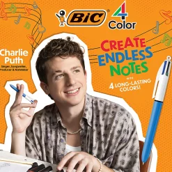 BIC 4 Color Retractable Ballpoint Pen, Medium Point, 1.0 mm, Blue Barrel, Assorted Ink Colors, Pack Of 3