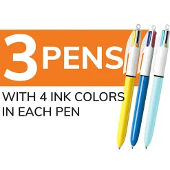 BIC 4-Color Retractable Ballpoint Pens, Medium Point, 1.0 mm, Assorted Ink Colors, Pack Of 3 Pens