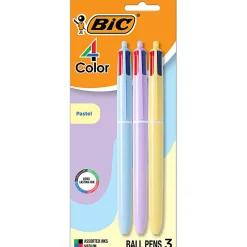 BIC 4-Color Retractable Ball Point Pen, Medium 1.0MM Point, Assorted Pastel Barrels, Assorted Ink Pack Of 3