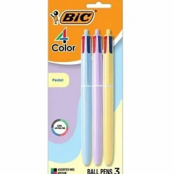 BIC 4-Color Retractable Ball Point Pen, Medium 1.0MM Point, Assorted Pastel Barrels, Assorted Ink Pack Of 3