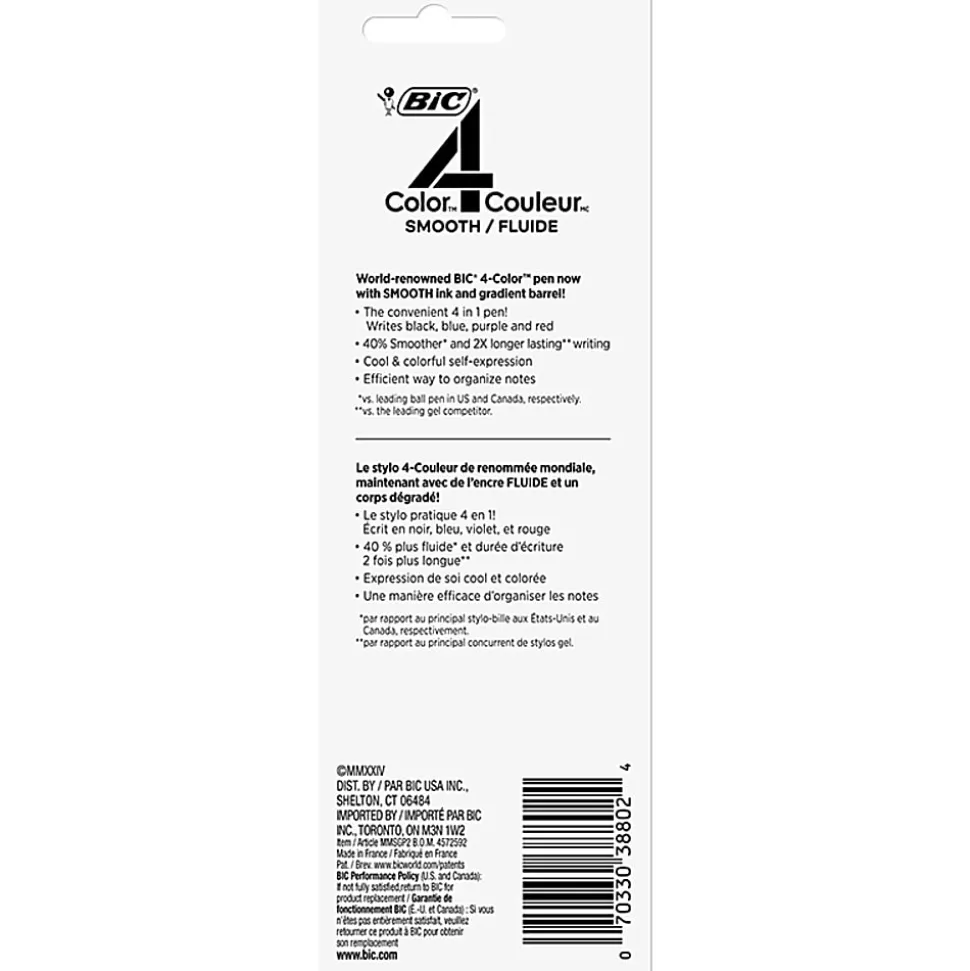 BIC 4 Color Smooth Retractable Ball Point Pen, Medium Point 1.0mm, Assorted Barrels, Assorted Ink, Pack of 2