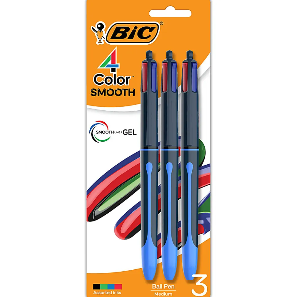 BIC 4-Color Smooth Retractable Ballpoint Pens, Medium Point, 1.0mm, Blue Barrel, Assorted Ink Colors, Pack Of 3 Pens