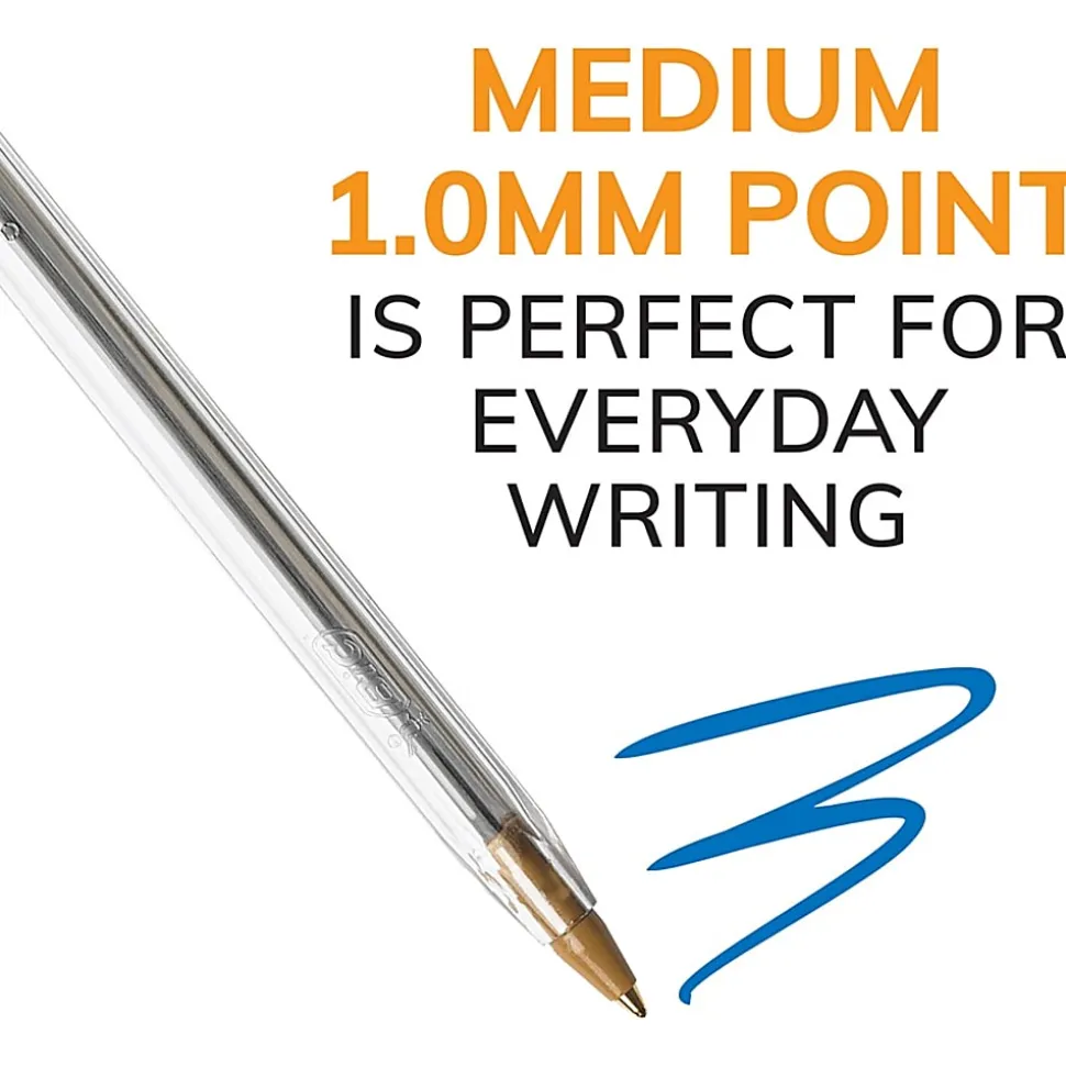 BIC® Cristal® Ballpoint Pens, Medium Point, 1.0 mm, Clear Barrel, Blue Ink, Pack Of 12