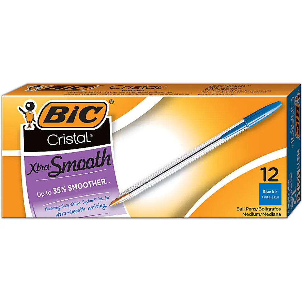 BIC® Cristal® Ballpoint Pens, Medium Point, 1.0 mm, Clear Barrel, Blue Ink, Pack Of 12