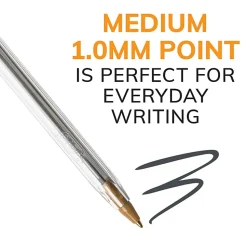BIC® Cristal® Ballpoint Pens, Medium Point, 1.0 mm, Clear Barrel, Black Ink, Pack Of 12
