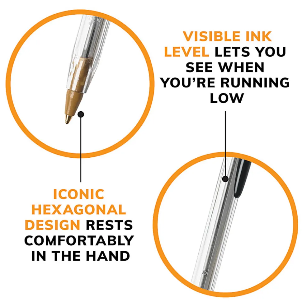 BIC® Cristal® Ballpoint Pens, Medium Point, 1.0 mm, Clear Barrel, Black Ink, Pack Of 12
