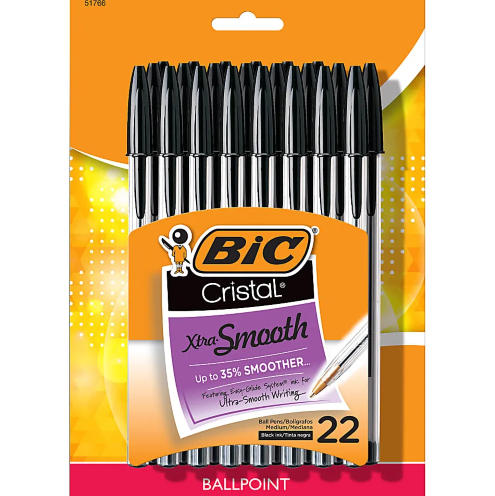 BIC Cristal Ballpoint Pens, Medium Point, 1.0 MM, Clear Barrel, Black Ink, Pack of 22