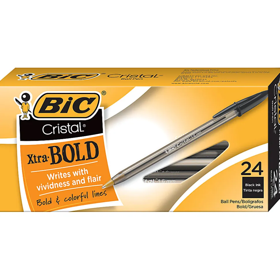 BIC® Cristal® Bold Ballpoint Pens, Extra Bold Point, 1.6 mm, Translucent Smoked Barrel, Black Ink, Pack Of 24 Pens