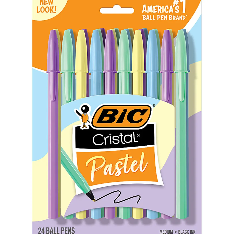 BIC Cristal Pastel Ballpoint Pens, Black Ink, Pastel Colored Barrels, Pens for Journaling, 24-Count Pack