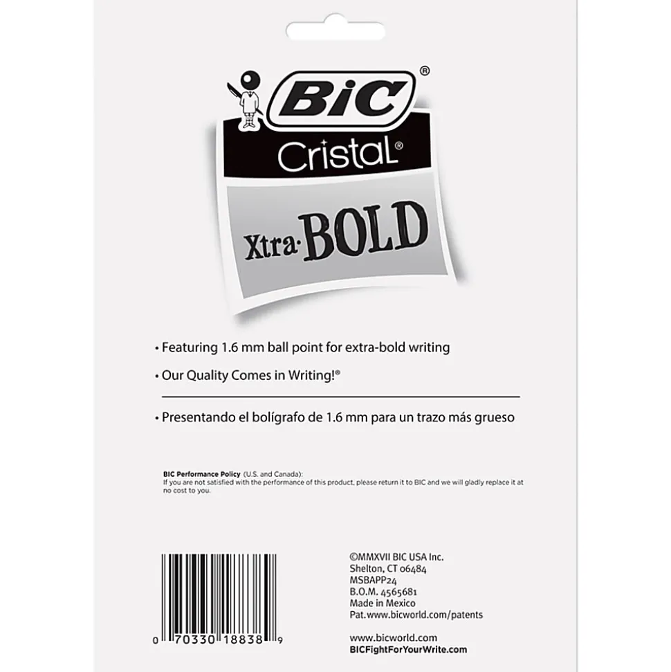 BIC Cristal Xtra Bold Ballpoint Pens, Bold Point, 1.6 mm, Translucent Barrel, Assorted Ink Colors, Pack Of 24 Pens