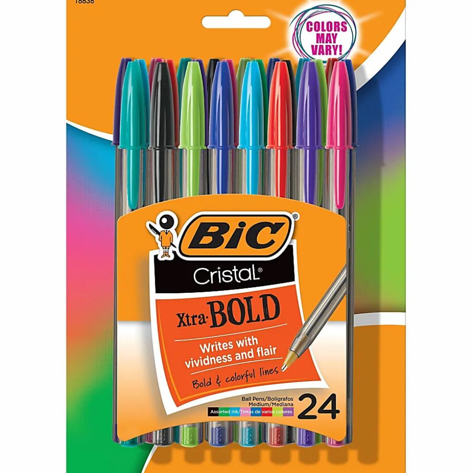 BIC Cristal Xtra Bold Ballpoint Pens, Bold Point, 1.6 mm, Translucent Barrel, Assorted Ink Colors, Pack Of 24 Pens