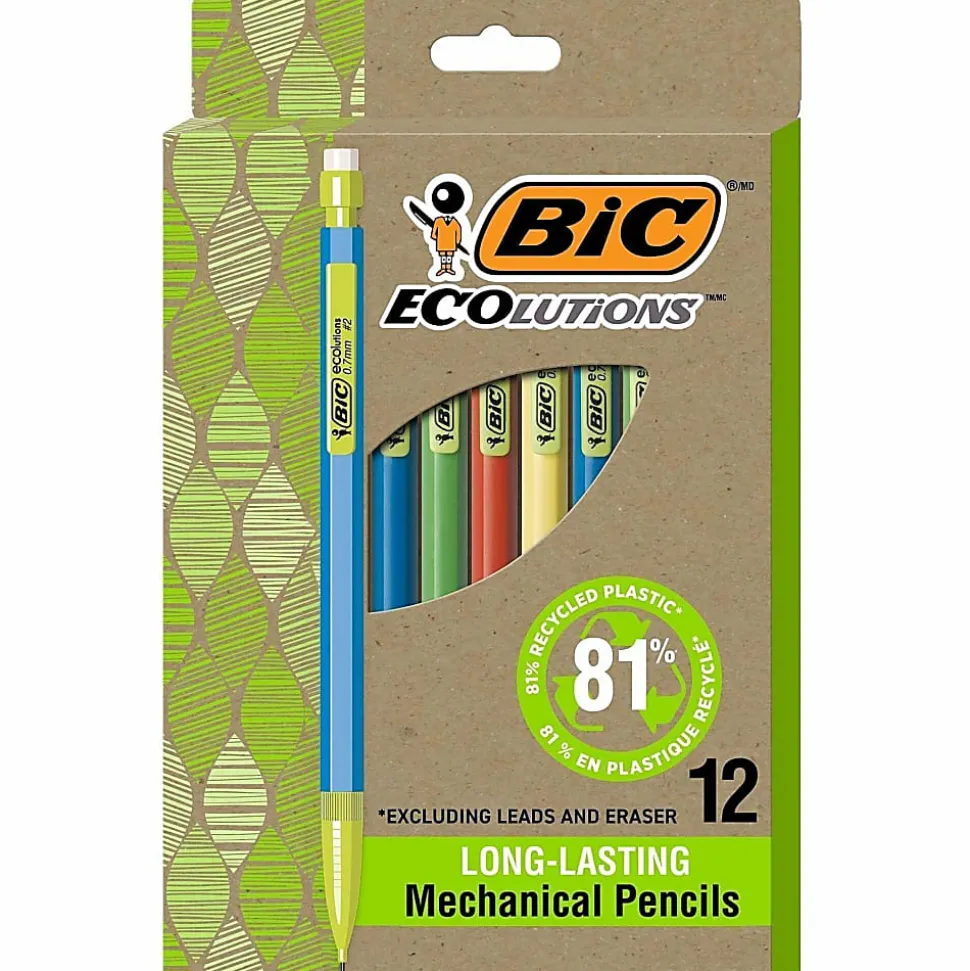 BIC® Ecolutions #2 Mechanical Pencils, 0.7 mm, Medium Point, 65% Recycled, Assorted Barrel, Pack of 12 Pencils