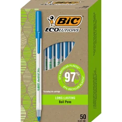 BIC Ecolutions Round Stic Ball Pens, Medium Point, 1.0 mm, 74% Recycled, Translucent Barrel, Blue Ink, Pack Of 50 Pens