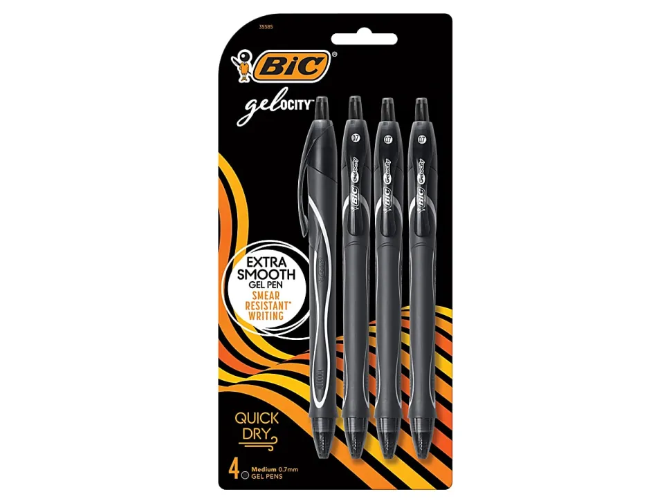 BIC Gelocity Quick-Dry Retractable Gel Pens, Medium Point, 0.7 mm, Black Barrel, Black Ink, Pack Of 4 Pens