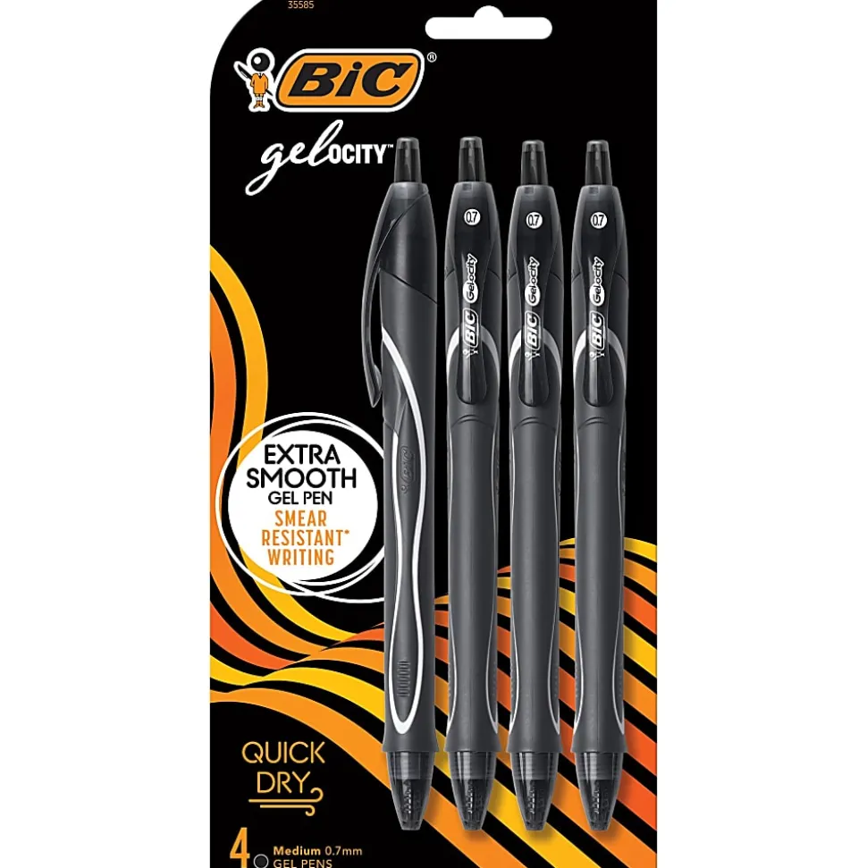 BIC Gelocity Quick-Dry Retractable Gel Pens, Medium Point, 0.7 mm, Black Barrel, Black Ink, Pack Of 4 Pens