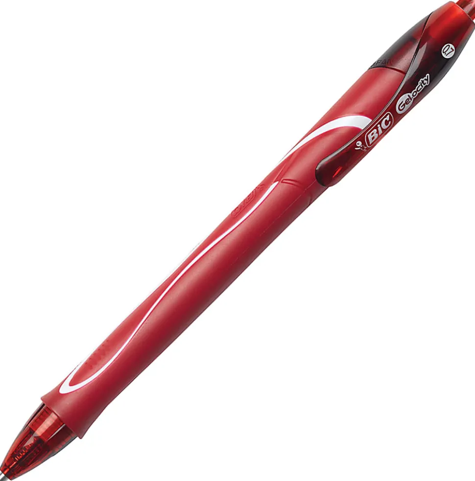 BIC Gelocity Quick-Dry Retractable Gel Pens, Medium Point, 0.7 mm, Red Barrel, Red Ink, Pack Of 4 Pens