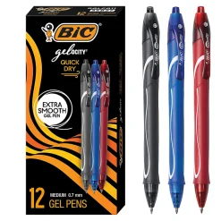 BIC Gelocity Quick Dry Retractable Gel Pens, Medium Point, 0.7 mm, Black/Blue/Red Barrels, Black/Blue/Red Inks, Pack Of 12