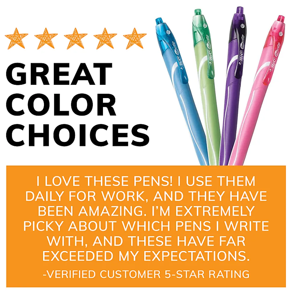 BIC Gelocity Quick Dry Retractable Gel Pens, Medium Point, 0.7 mm, Assorted Colors, Pack Of 8
