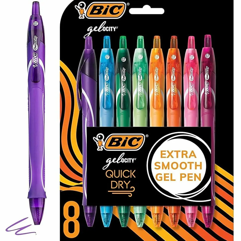 BIC Gelocity Quick Dry Retractable Gel Pens, Medium Point, 0.7 mm, Assorted Colors, Pack Of 8