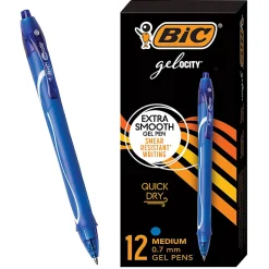 BIC Gelocity Quick Dry Retractable Gel Pens, Medium Point, 0.7 mm, Blue Barrel, Blue Ink, Pack Of 12