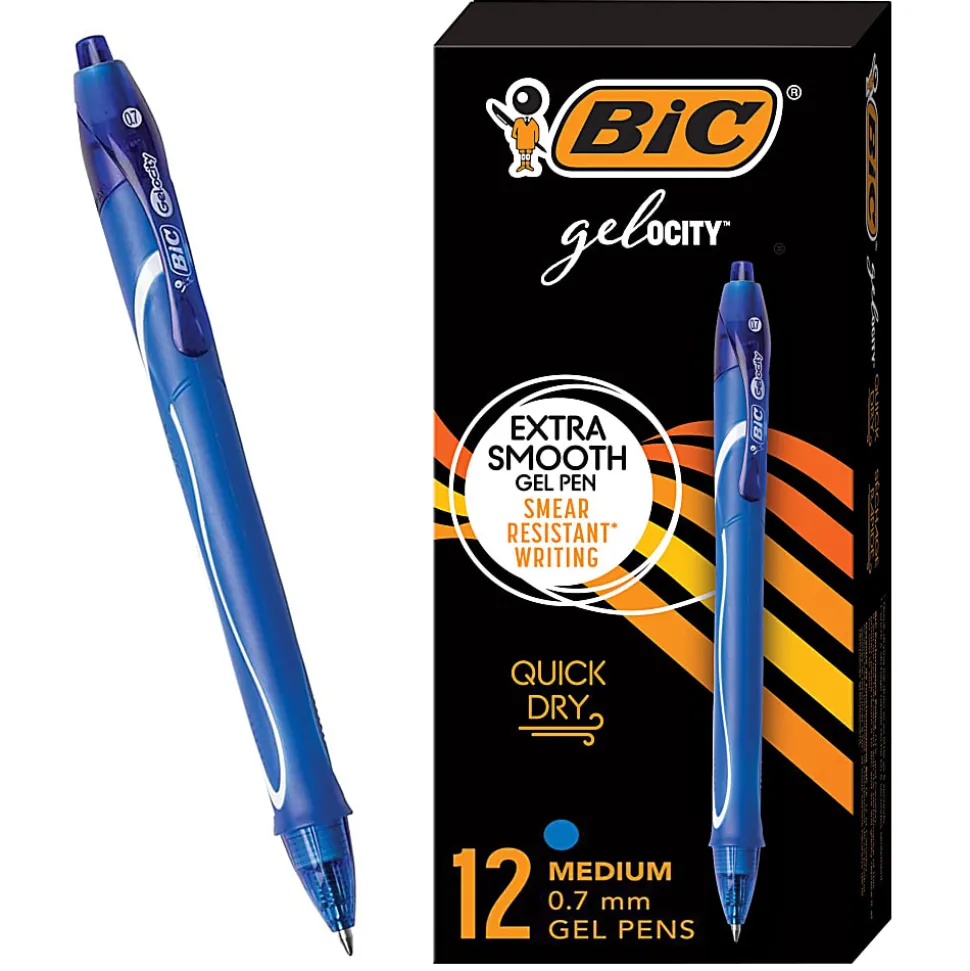BIC Gelocity Quick Dry Retractable Gel Pens, Medium Point, 0.7 mm, Blue Barrel, Blue Ink, Pack Of 12