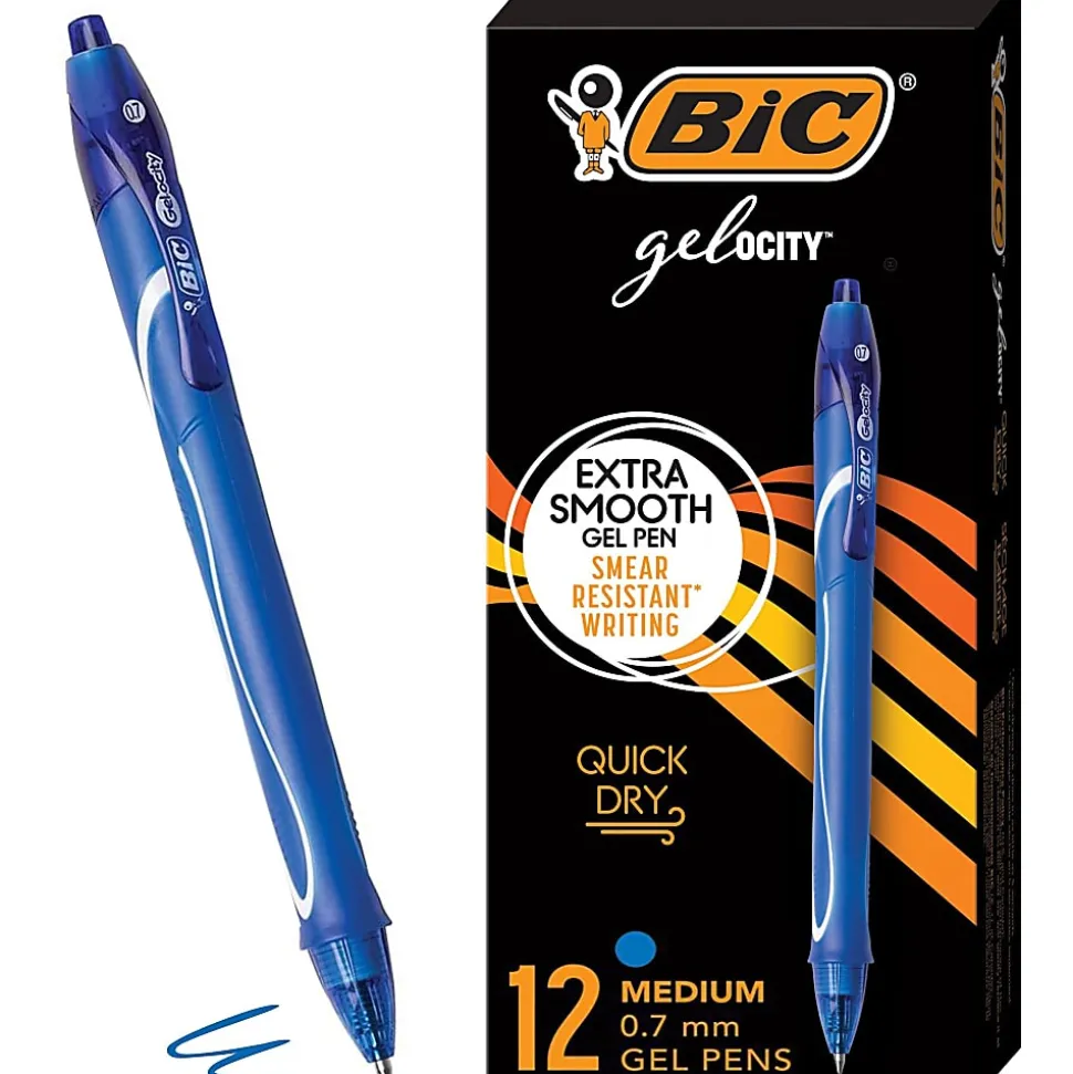 BIC Gelocity Quick Dry Retractable Gel Pens, Medium Point, 0.7 mm, Blue Barrel, Blue Ink, Pack Of 12