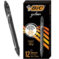 BIC Gelocity Quick Dry Retractable Gel Pens, Medium Point, 0.7 mm, Black Barrel, Black Ink, Pack Of 12