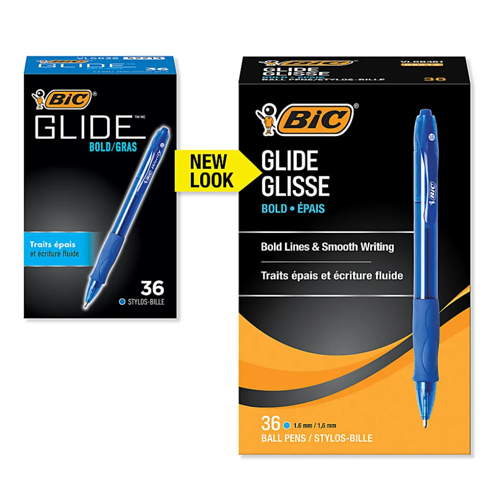 BIC Glide Bold Ballpoint Pens, Bold Point, 1.6 mm, Translucent Barrel, Blue Ink, Pack Of 36