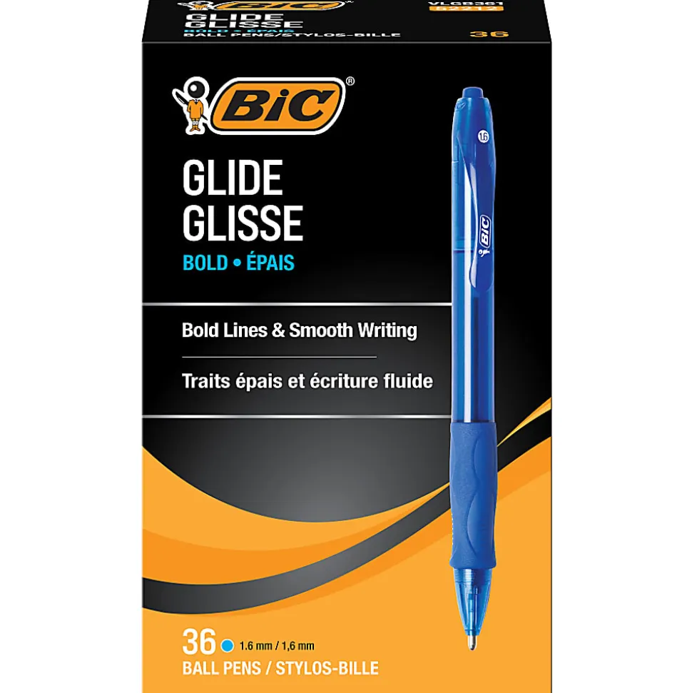 BIC Glide Bold Ballpoint Pens, Bold Point, 1.6 mm, Translucent Barrel, Blue Ink, Pack Of 36