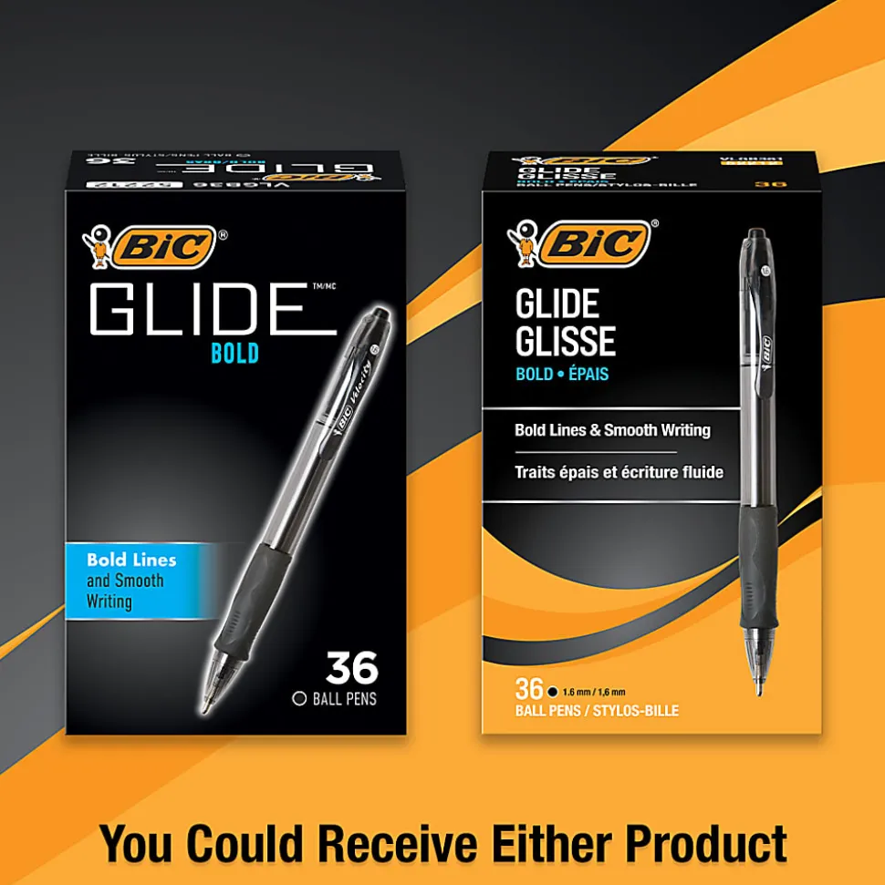 BIC® Glide® Bold Ballpoint Pens, Bold Point, 1.6 mm, Translucent Barrel, Black Ink, Pack Of 36