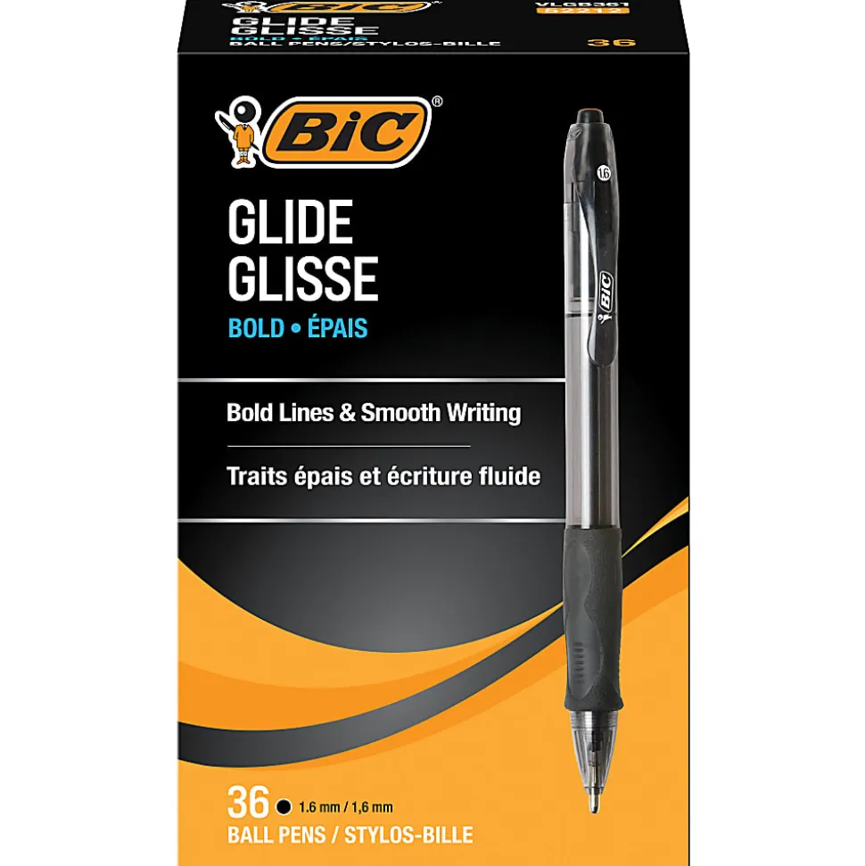 BIC® Glide® Bold Ballpoint Pens, Bold Point, 1.6 mm, Translucent Barrel, Black Ink, Pack Of 36
