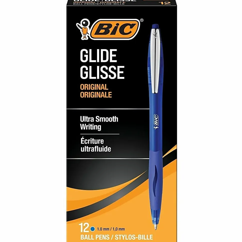 BIC® Glide™ Retractable Ballpoint Pens, Medium Point, 1.0 mm, Clear Barrel, Blue Ink, Pack Of 12