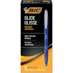 BIC® Glide™ Retractable Ballpoint Pens, Medium Point, 1.0 mm, Clear Barrel, Blue Ink, Pack Of 12