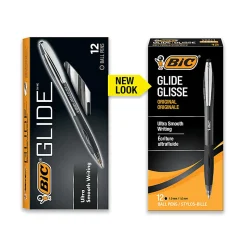 BIC Glide Retractable Ballpoint Pens, Medium Point, 1.0 mm, Clear Barrel, Black Ink, Pack Of 12
