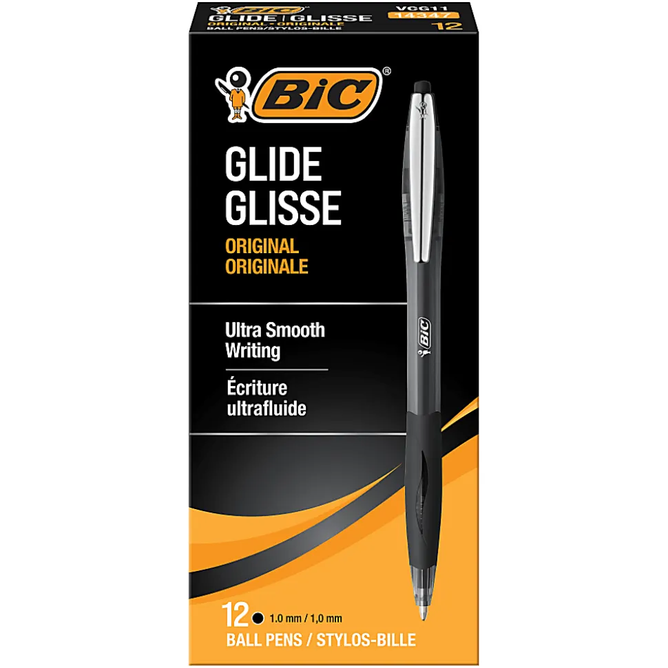 BIC Glide Retractable Ballpoint Pens, Medium Point, 1.0 mm, Clear Barrel, Black Ink, Pack Of 12