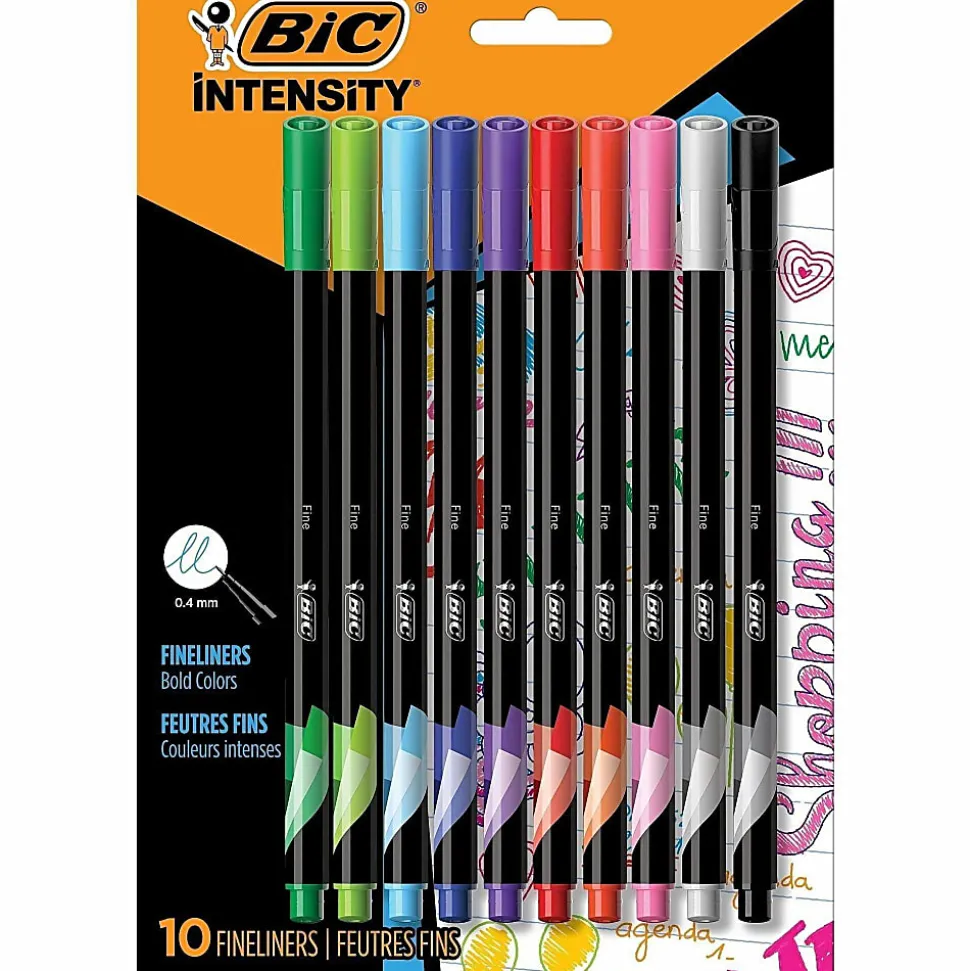 BIC® Intensity Fineliner Marker Pens, Fine Point, 0.4 mm, Assorted Ink Colors, Pack Of 10 Pens