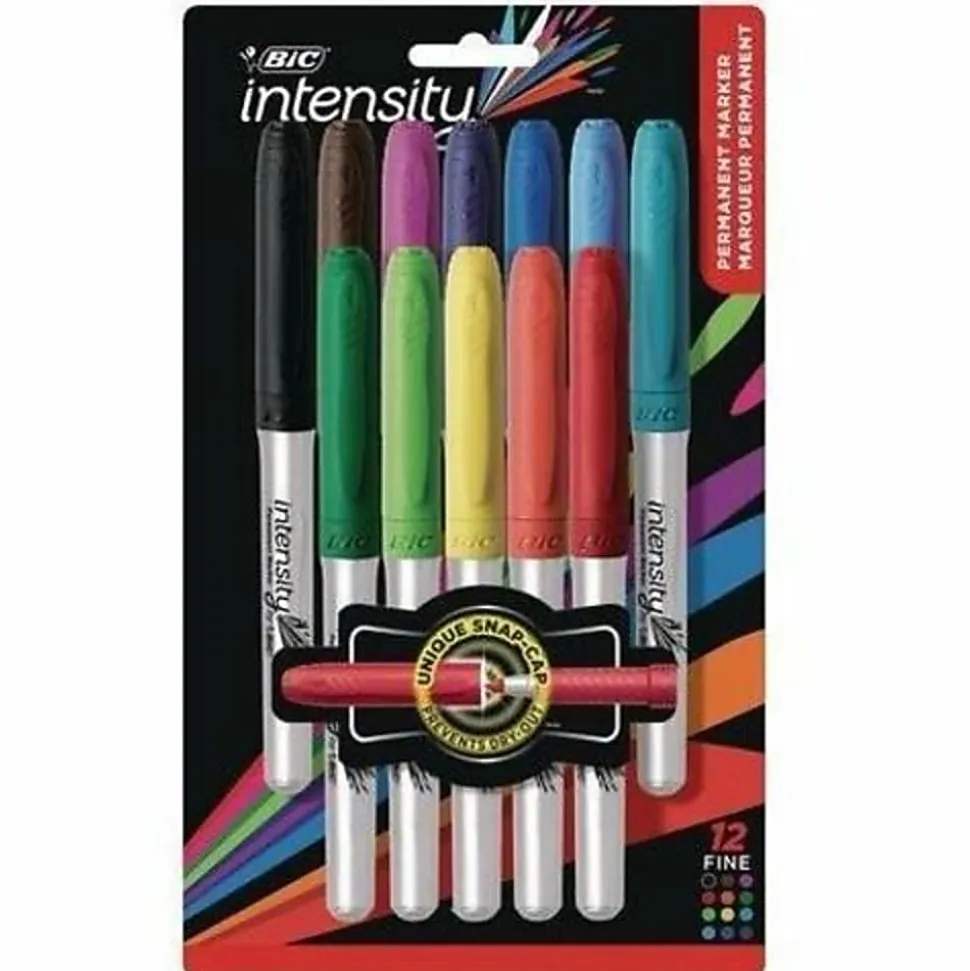 BIC Intensity Permanent Markers, Fine Point, Assorted Colors, Pack Of 12 Markers