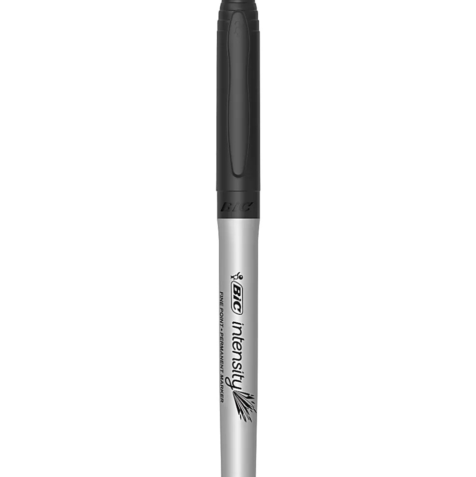 BIC® Intensity Permanent Markers, Fine Point, Grip Silver Barrel, Black, Pack Of 12