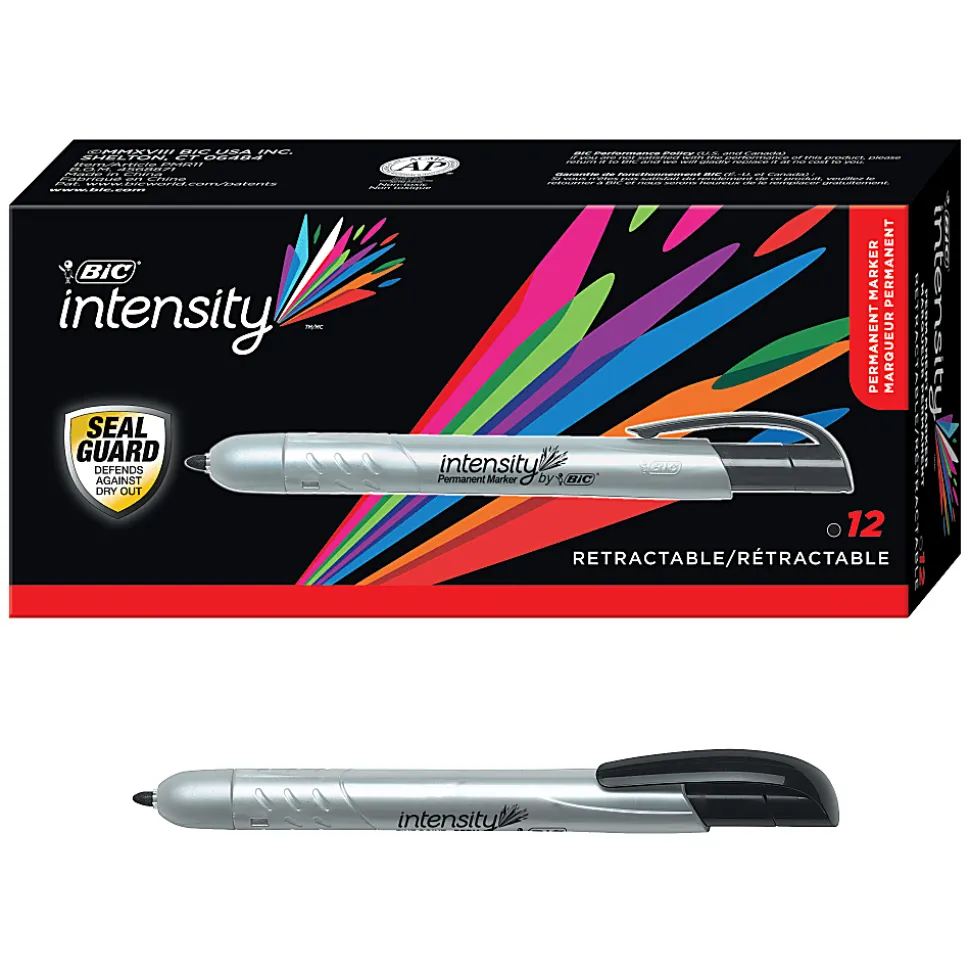 BIC Intensity Retractable Permanent Markers, Fine Point, Black, Pack Of 12 Markers